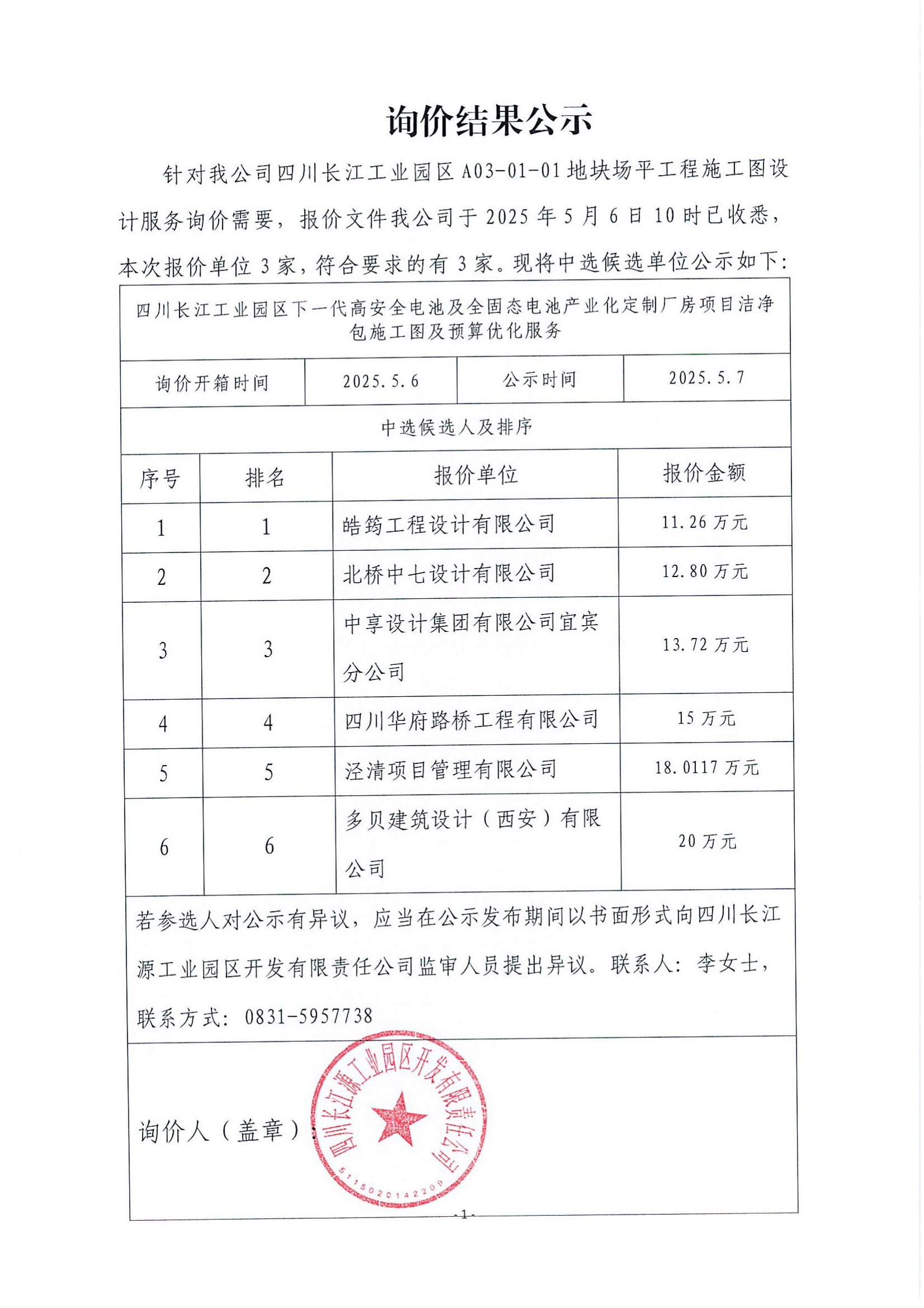 詢(xún)價(jià)結(jié)果公示