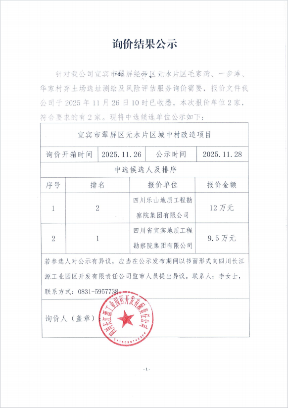 詢價結(jié)果公示